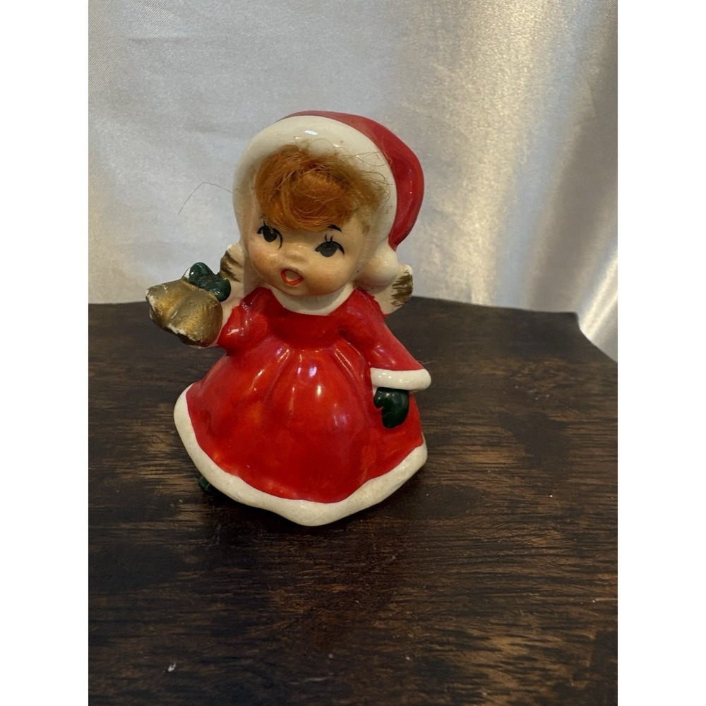Vintage Ceramic Christmas Angel Figurine In Red Dress w/Red Hair Holding bells